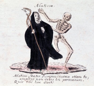 Dödsdansen, abbedissan och ett skelett (Tryck) av Unknown artist