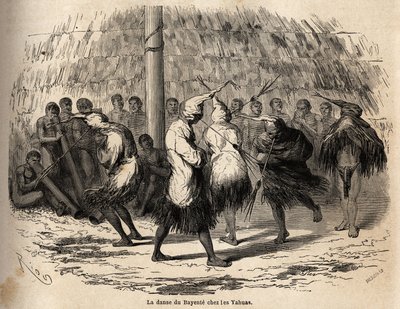 Dansen av bayenten, eller djävulens dans, bland Yahua-indianerna i Peru, organiserad för att hedra månen, äger rum varje år i en hydda uppställd mitt i skogen; efter ceremonin bränns hydda, flöjter och trummor försiktigt. Gravera av Unknown artist
