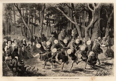 Risrundans dans, som äger rum den 10:e månaden på året, relaterar till spannmålsgrödor. Gravyr för att illustrera resan till Japan, av Aime Humbert, minister för Schweiziska edsförbundet, 1863-1864, publicerad i "" le tour du monde", und av Unknown artist