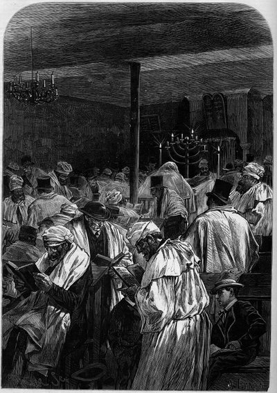 Dagen för judarnas stora förlåtelse eller firandet av Yom Kippur i en synagoga på rue Saint Louis en l