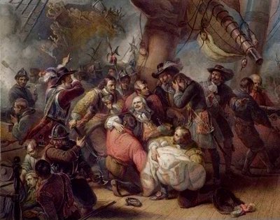 Amiral De Ruyterdes död - Michel de Ruyters död (Michiel Adriaenszoon de Ruyter (1607-1676), generallöjtnantadmiral i Förenade provinserna, sjöhjältar som spelade en stor roll under 1600-talets engelsk-holländska krig, mot E av Unknown artist