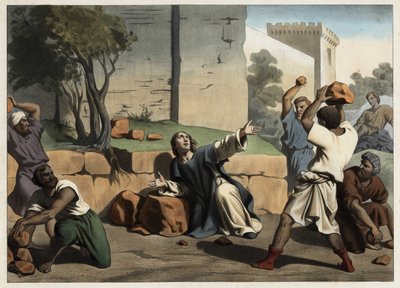 Sankt Stefans död: Sankt Stefan stenad av judarna anses vara den första kristna martyren. Anonym gravyr från mitten av 1800-talet. av Unknown artist