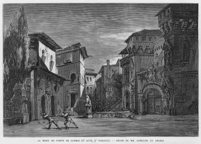 Döden av greven av Gormas, far till Chimene, dödad av Cid under en duell Illustration av "" Le Cid"" opera av Jules Massenet, efter stycket av Pierre Corneille och dikten av Guillen de Castro. Gravyr av 1800-talet av Unknown artist