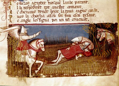 Riddaren Rolands död, brorson till Karl den Store, under slaget vid Roncevaux, 778 Miniatyr tagen från "" Entree of Spain"". 1300-talets Venedig, Biblioteca Marciana. av Unknown artist
