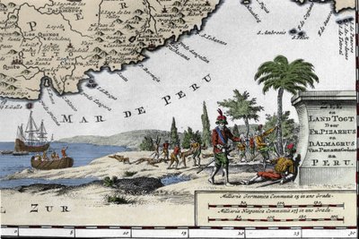 De spanska erövrarnas landstigning Francisco Pizarro (Francois Pizarre). av Unknown artist