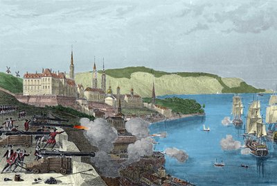 Försvaret av Quebec av greve Louis de Buade, greve av Frontenac (1622-1698) den 16/10/1690. Coloree gravyr i "Histoire generale de la marine" av Van Tenac av Unknown artist