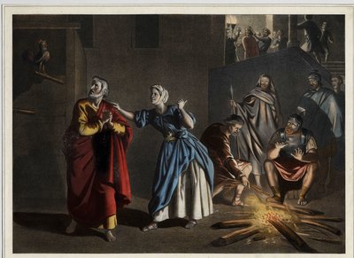 Peters förnekelse: som Kristus hade förutsagt förnekar den helige Petrus Kristus tre gånger medan tuppen tillkännager dagen. Anonym gravyr från mitten av 1800-talet. Anonym gravyr från mitten av 1800-talet. av Unknown artist