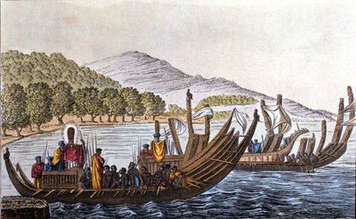 Avdelningen för polynesier för Stilla havet ombord på kanoter med dubbelskrov. Litografi från början av 1800-talet av Unknown artist