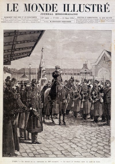 Avgången för kompaniet av 200:e regementet. Hälsning till flaggan i Gare de Lyon. ""Den illustrerade världen"". 1895-03-23. Teckning. av Unknown artist
