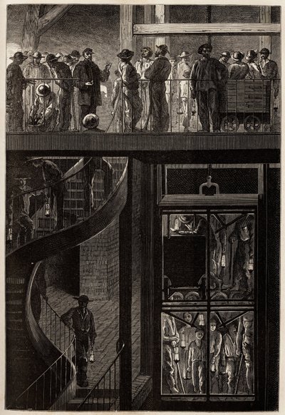 Nedstigningen av gruvarbetare (män, kvinnor och barn) genom hissburen till de underjordiska gallerierna i Creusot-kolgruvorna. Gravyr för att illustrera en resa till Creusot och gruvorna i Saone och Loire, 1865, av L. Simonin, i "" Le tour du m av Unknown artist