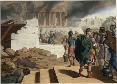 Förstörelsen av templet och staden Jerusalem år 70 av den romerske kejsaren Titus (40-81). Anonym gravyr från mitten av 1800-talet. av Unknown artist