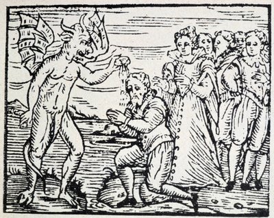 Djävulen döper män och kvinnor i bön - gravyr av Unknown artist