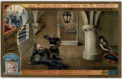 Katastrofakt IV scen 4. Illustration till operan "" Fyndet"" (Il trovatore) av Giuseppe Verdi (1813-1901). Kromolitografi (Chromo) Liebig från slutet av 1800-talet. av Unknown artist