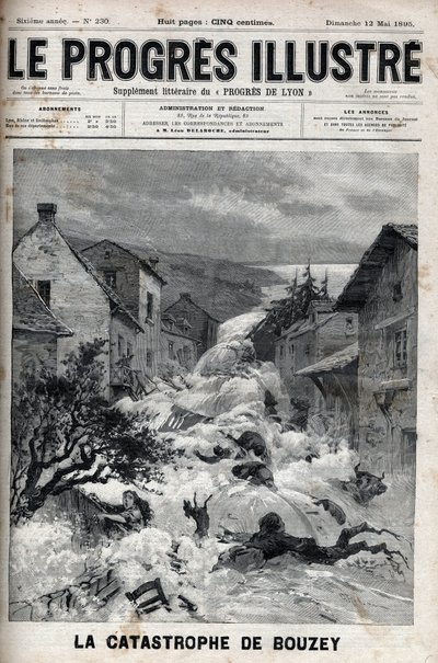 Katastrofen i Bouzey (Vosges), dammen i Epinals reservoar brast och hällde 7 miljoner kubikmeter vatten - Gravyr i "Le Progres illustrious"" från 1895 av Unknown artist