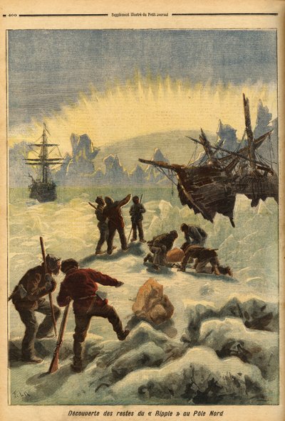 Upptäckten av resterna av Ripple (norskt skepp), fångat i isen på Nordpolen. Gravyr i "" Le petit journal"" 1893-12-16. Selvas samling. av Unknown artist