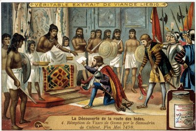 Upptäckten av Indiens rutt: Mottagande av Vasco da Gama av Samudrin av Calicut, slutet av maj 1498 - reklamvinjett Liébig av Unknown artist