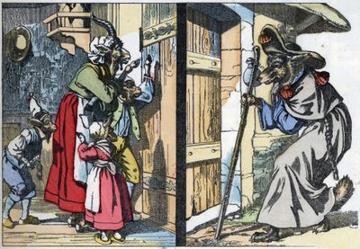 Förklädnadsvargen knackar på dörren till huset med bocken och biketterna. Illustration av berättelsen "Compere le Loup, Maitre Renard, Comere la Chevre et ses petits biquets"" efter en fabel av Jean de la Fontaine. I "" Sagor från hemmet för de små av Unknown artist
