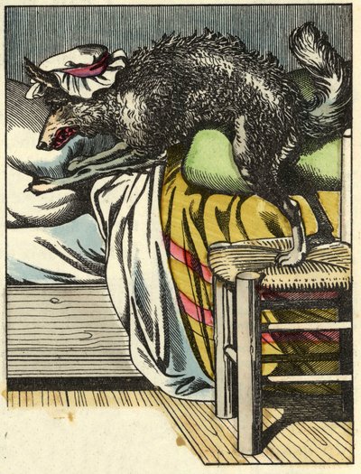 Utklädningsvargen tar mormors plats i sängen. Illustration av berättelsen "Rödluvan" av Charles Perrault av Unknown artist