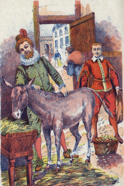Åsnan med guld ecus. Illustration till berättelsen "" Åsneskinn" av Charles Perrault (1628-1703), fransk författare. Anonym illustration. Bildmaterial Marcel Vagne, Jarville Nancy, odaterat (slutet av 1800-talet). av Unknown artist