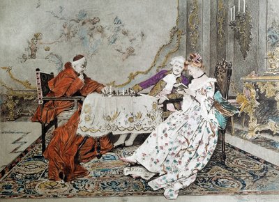 Den dubbla delen En kardinal utkämpar ett schackspel mot en ung man deltar i ett förförelsespel med en ung kvinna nära honom. Illustration av 1800-talet. Paris, Dekorativ konst av Unknown artist