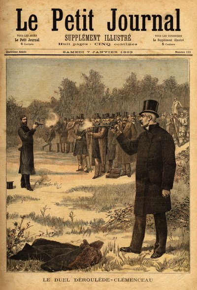 Duellen med pistolen (förbjuden i Frankrike sedan 1626) mellan deputerade Paul Deroulede (1846-1914) och Georges Clemenceau (1841-1929), ingen skada. Gravyr i "" Le petit journal"" 1893-01-07. Selvas samling. av Unknown artist