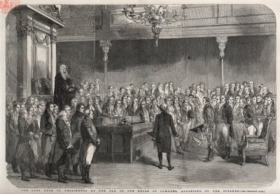 Hertigen av Wellington (Arthur Wellesley (1769-1852) (hertig av Wellington) står vid baren i underhuset för att ta emot talmannens gratulationer till sin seger vid Vimeiro, halvönskriget av Unknown artist