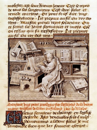 Den kyrkliga, kopisten och översättaren Jean Mielot (död 1472) representerar arbetet på sin kontorssida av ett 1400-talsmanuskript. Paris, B.N. av Unknown artist