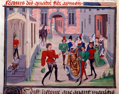 Förlovningen av Clarisse, dotter till kung Yvon de Gascony och Renaud Miniature från manuskriptet "Renaud de Montauban" eller "Les quatre fils Aymon" av Loyset Liedet (aktivt mellan 1448 och 1478). Ms. 5073. 1400-talets Bibliotheque de l
