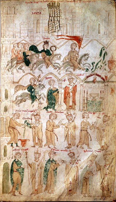 Henrik VI av det heliga riket (1165-1197) intåg i Rom och hans kröning som kejsare den 14/04/1191 av påven Celestin III Page hämtad från "" Liber ad honorem Augusti""" av Pietro da Eboli (Peter av Eboli) - (codex 120, fol 105) Burgerbibli från 1200-talet av Unknown artist