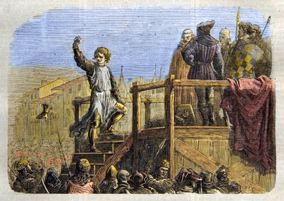 Avrättningen av Conradin (eller Conrad av Hohenstaufen) kung av Sicilien och hertig av Schwaben (1252-1268) på order av Karl av Anjou efter slaget vid Tagliacozzo 1268” (Avrättning av Conradin (eller Conrad den yngre), sista Staufer kung av Sicilien, efter av Unknown artist