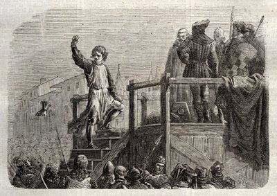 Avrättningen av Conradin (eller Conrad av Hohenstaufen) kung av Sicilien och hertig av Schwaben (1252-1268) på order av Karl av Anjou efter slaget vid Tagliacozzo 1268” (Avrättning av Conradin (eller Conrad den yngre), sista Staufer kung av Sicilien, efter av Unknown artist
