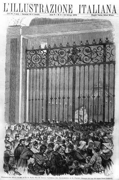 Utställningen av påven Pius IX:s kropp (1792 - 1878) i kapellet i Sacramento i Vatikanen. Omslag till "" lillustrazione italiana"" från februari 1878. av Unknown artist
