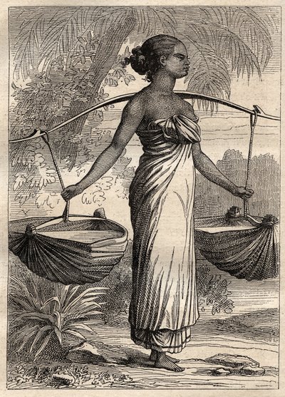 Expeditionen runt om i världen (1790-1792) av kapten Etienne Marchand (1755-1793): vattenbärare i Timor (Östtimor, Indonesien) -illustration hämtad från "The Great Mariners of the 18th century"" av Unknown artist