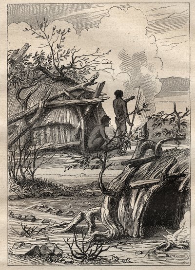 Expeditionen runt om i världen (1790-1792) av kapten Etienne Marchand (1755-1793): inhemska hytter i landet Enddacht (Australien) - illustration hämtad från "The Great Mariners of the 18th century"" av Unknown artist