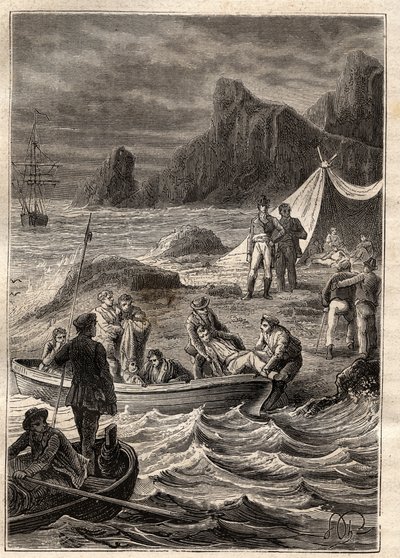 Expeditionen till de södra länderna (1800-1803) av Nicolas Baudin (1754-1803): de sjuka av skörbjugg transporterades i land i Bay of Adventure (Tasmanien, Australien) - illustration hämtad från "The Great Mariners of the 18th century" ” av Unknown artist
