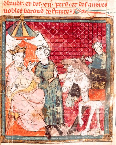 Riddaren Rolands farväl, till hans farbror Karl den Store (742-814) Miniatyr från "" Grandes Chronicles de France"" 1375-1379 Stadsbibliotek, Castres av Unknown artist