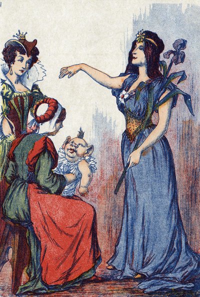 Avgiften förutspår att Riquet kommer att ha mycket sinne. Illustration till "Riquet à la houppe", berättelse av Charles Perrault (1628-1703), fransk författare. Anonym illustration. Bildspråk Marcel Vagne, Jarville Nancy, odaterad (slutet av 1800-talet). av Unknown artist