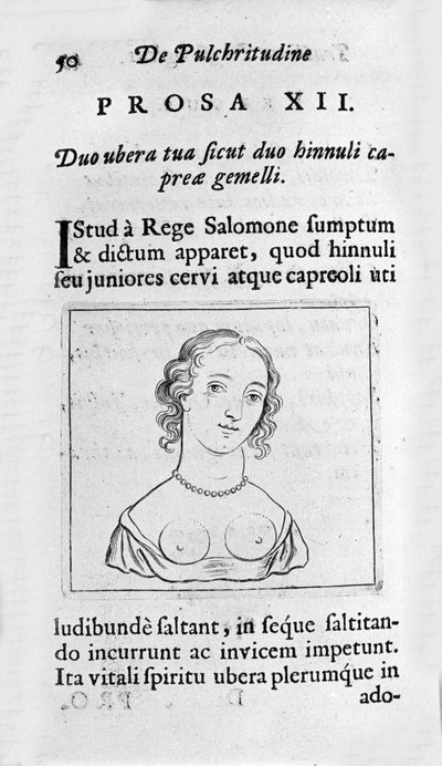 Det feminina bröstet. Sidan hämtad från "A Study of Physiological Beauty"" handlar om Ernesto Venio (Ernestus Vaenius) som försvarar skapelsens skönhet mot en anonym motståndare. 1612 av Unknown artist
