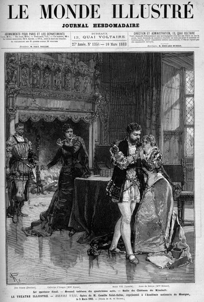 Den sista kvartetten, den andra målningen av fjärde akten som utspelar sig i rummet på slottet Kimbolt. Scen av operan Henry VIII av Camille Saint Saens (Saint-Saens) representerad på den nationella musikhögskolan den 5 mars av Unknown artist