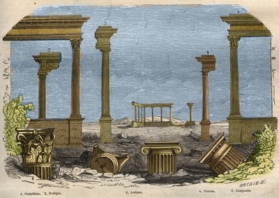 De fem orden av klassisk (uråldrig) arkitektur: korintisk, dorisk, jonisk, toskansk och komposit, var och en representerad av en kolumn. Gravyr från 1857 i "" Le Musee Des Sciences"" av Unknown artist