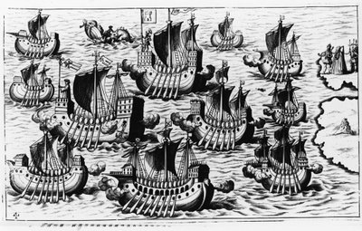 Christopher Columbus (Cristoforo Colombo) flotta för att erövra den nya världen - i "New Tipus After the Voyage of the New World" av Philoponus Honorius av Unknown artist