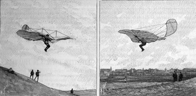 Otto Lilienthals (1848-1896) flygande flygplan, tysk flygpionjär, i två olika positioner (från ett ögonblickligt fotografi). Gravyr i "" La Nature: revue des sciences et de leurs applications aux arts et a l