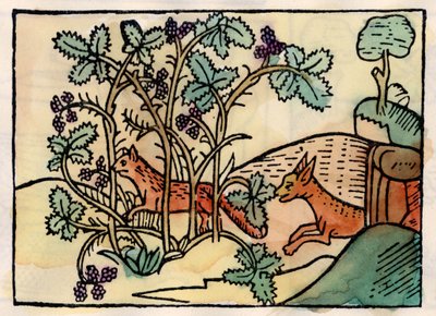 Räven och druvorna. Fable of Asop (gravyr från 1500-talet) av Unknown artist