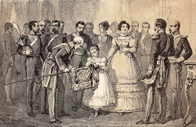 Den blivande drottningen av Spanien Isabella II (Isabella av Bourbon) (1830-1904) (Isabel II av Espana) dekorerar flaggan för spjuten av gardegardet av Saint Ferdinand Order (San Fernando). Litografi. av Unknown artist