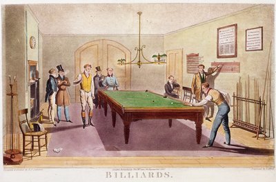 Spelet biljard. Gentilmän från det höga engelska samhället spelar biljard. Gravyr från 1827. Privat samling av Unknown artist