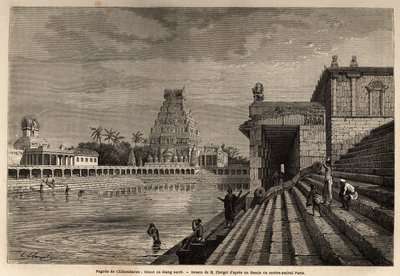 Den ghaut eller heliga damm av Chillambaran Pagoda, belägen vid Bengaliska viken, nära Pondichery (Pondicherry) (Indien); några fideles går ner för den monumentala trappan för att ta ett bad eller utföra rengöringstvättningar. Gravyr för att illustrera en  av Unknown artist