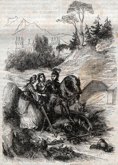 Den jättelika erifilen besegrad av Roger (Ruggero, Ruggiero) - Gravyr från 1851 från "" Furious Roland"" (1500-talet) av Ludovico Ariosto, känd som Ariosta - Upplaga översatt från italienska av greven av Tressan och utgiven av Gust av Unknown artist