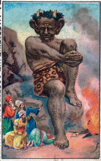 Jätten. Sinbads (Sindbad) sjömannens underbara äventyr. Populär berättelse om 1001 nätter (tusen och en natt). Kromolitografi från slutet av 1800-talet. av Unknown artist