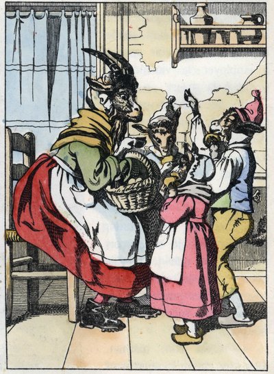 Geten är ute från marknaden och lyssnar på biketternas historia. Illustration av berättelsen "Compere le Loup, Maitre Renard, Comere la Chevre et ses petits biquets"" efter en fabel av Jean de la Fontaine. I "" Sagor från hemmet för de minsta"" av Unknown artist