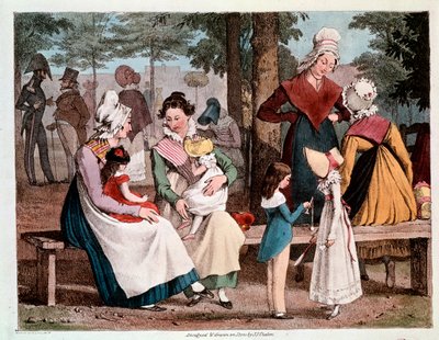 Det goda: scen med barn och deras pigor i en park (gravyr av Unknown artist